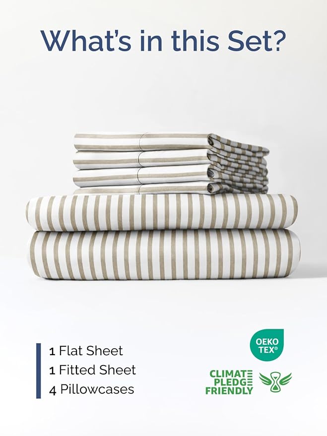 Extra Deep Full Sheet Set - 6 Piece Breathable and Cooling Sheets - Hotel Luxury Bed Sheets Set - Easy Fit - Soft, Wrinkle Free and Comfy Sheets Set - Beige Striped Sheet Set with Extra Deep Pockets
