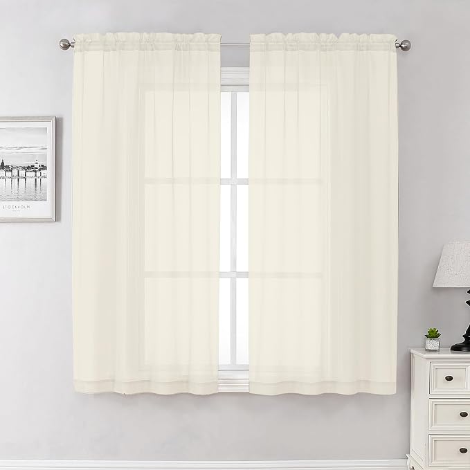 Cream Sheer Curtains 63 Inch Length 2 Panels Set, Elegant Voile Window Curtains by Lecloud