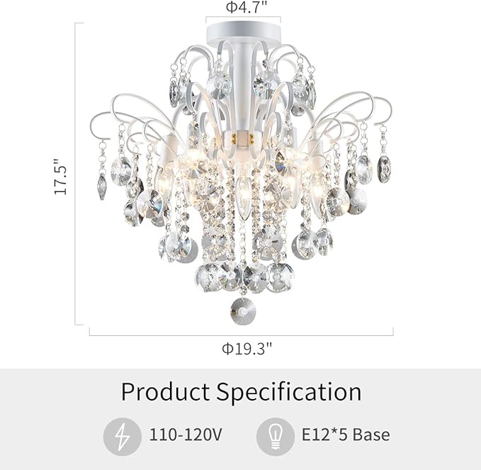 WUZUPS Crystal Chandelier Flushmount Ceiling Light Modern Lighting Fixture for Bedroom Hallway Bar Kitchen Bathroom, H 17.5'' x W 19.3'', E12 Base, White