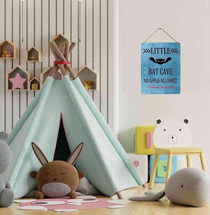 Wood Sign Little Bat Cave No Girls Allowed, 8x12 Inch, Rustic Hanging Plaque Wall Decor For Toddlers Kids Baby Bedroom