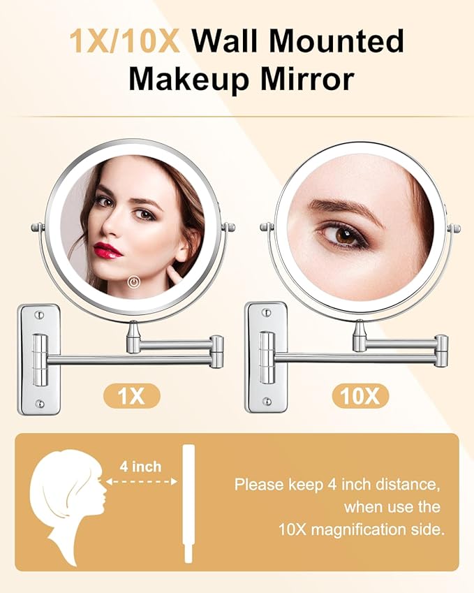 DECLUTTR Rechargeable Wall Mounted Makeup Mirror, 8 Inch 1X/10X Magnifying Mirror with 3 Color Lights, Dimmable LED Lighted Makeup Mirror with Double Sided