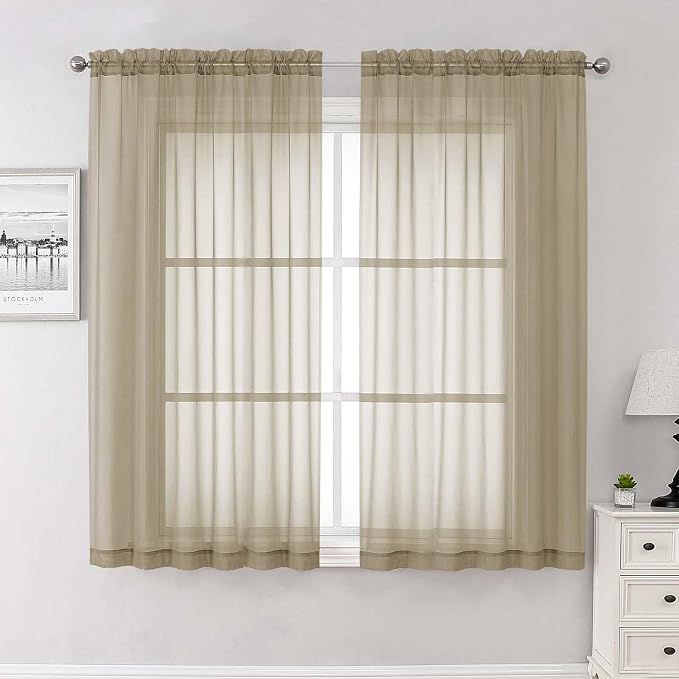 Taupe Sheer Curtains 63 Inch Length 2 Pcs, Light Filtering Rod Pockets Window by Lecloud