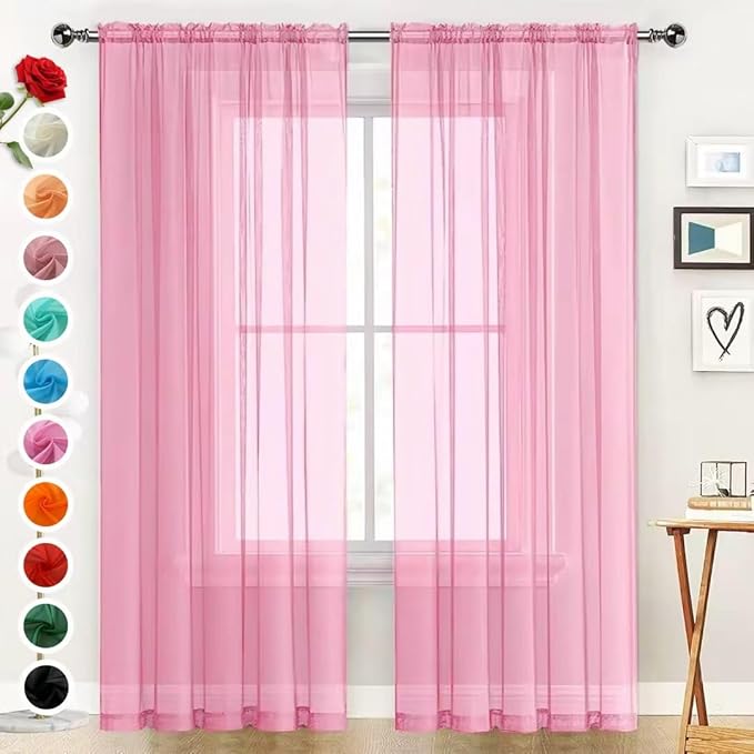 SpaceDresser Basic Rod Pocket Sheer Voile Window Curtain Panels Pink 1 Pair 2 by SpaceDresser