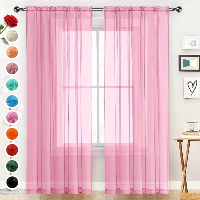 SpaceDresser Basic Rod Pocket Sheer Voile Window Curtain Panels Pink 1 Pair 2 by SpaceDresser