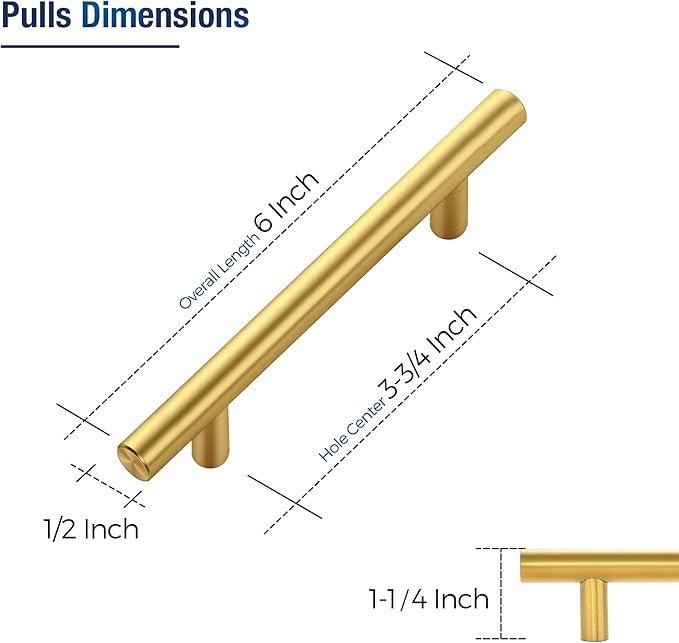JOY DECOR 20 Pack Cabinet Handles, Gold Cabinet Pulls, 3-3/4 in Hole Center Kitchen Cabinet Handles, Stainless Steel T Bar Handles for Dresser Drawers