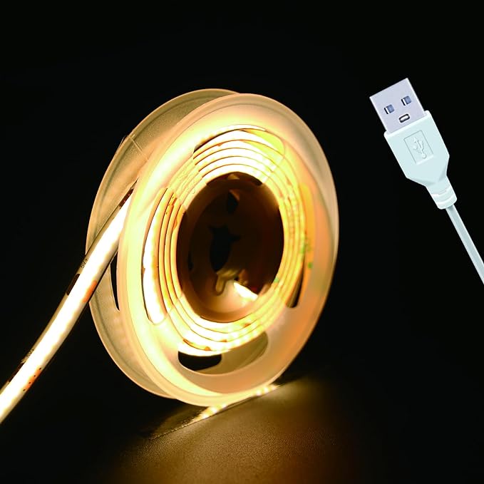 Short Led Strip Lights 5V USB LEDs Display Cabinet Lighting COB LED Strip Light 3000K Warm White Not Dimmable Flexible Small led Lights for DIY Home LED TV Lights Indoor Use (3.28FT/1M)