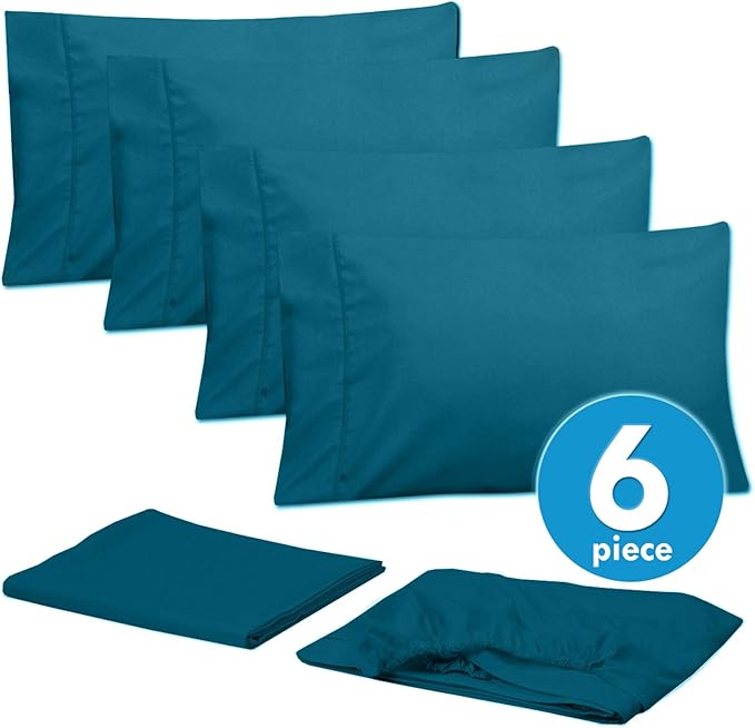 Cal King Size Bed Sheets - 6 Piece 1500 Supreme Collection Fine Brushed Microfiber Deep Pocket California King Sheet Set Bedding - 2 Extra Pillow Cases, Great Value, California King, Teal
