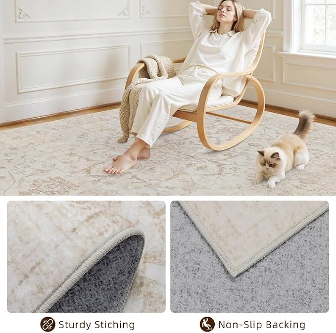5x7 Area Rugs Living Room: Bedroom Washable Carpet Warm Beige | Vintage Boho - Image 4