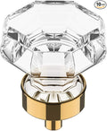 Alzassbg 10 Pack Clear Crystal with Gold Cabinet Knobs, 1-3/8 Inch(35mm) Cabinet Hardware Octagon Glass Crystal Knobs for Drawers AL1021