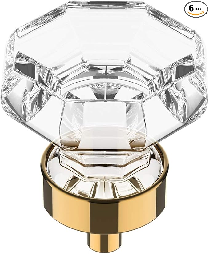 Alzassbg 6 Pack Clear Crystal with Polished Brass Cabinet Knobs, 1-3/8 Inch(35mm) Cabinet Hardware Octagon Glass Crystal Knobs for Drawers AL1021BG