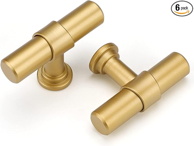 LONTAN 6 Pack Gold Cabinet Knobs Matte Gold Kitchen Cabinet Knobs for Dresser Drawers Brushed Gold T-bar Hardware for Dresser Bathroom