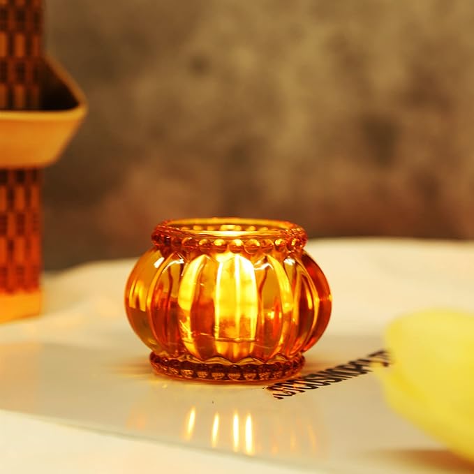 Woho Amber Tealight Candle Holder Set of 6, Tea Lights Candle Holder for Wedding Table, Glass Candle Holders Bulk for Home Decor