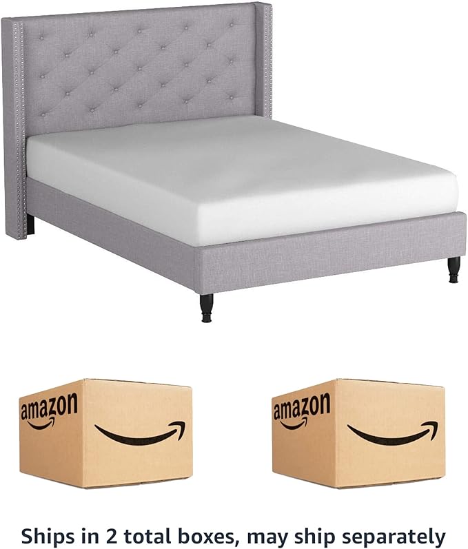 HomeLife Premiere Classics Cloth Light Grey Silver Linen 51" Tall Headboard Platform Bed with Slats Queen- Complete Bed 5 Year Warranty Included-007