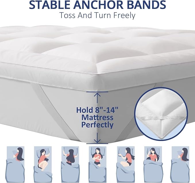 ELEMUSE 1300 GSM Mattress Topper Queen with Baffle Box Design,Extra Thick Cooling Pillow Top Pad, 400TC Cotton Cover, Plush & Support Snow Down Alternative, White