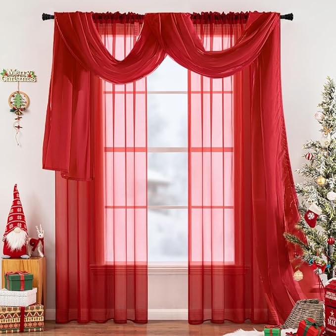 MIULEE Christmas Sheer Window Scarf Valance Extra Long Topper Elegant Swag Curtains Luxury Draping Fabric for Wedding Arch Party Ceremony Canopy Bed Living Room, 54'' x 144'', 1 Panel Red