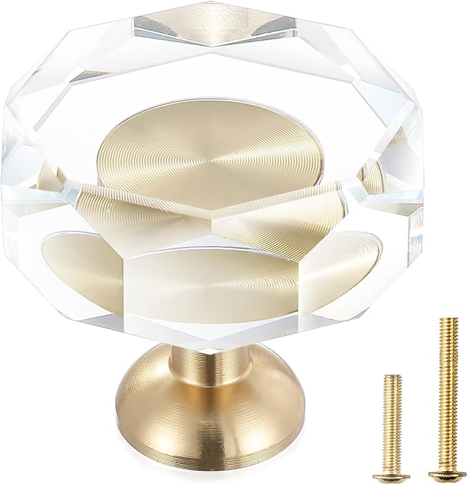 6-Pack 1-1/4-Inch White Cabinet Glass Crystal Patterned knob Brass Drawer Dresser Pulls, Gold Hardware Kitchen Closet knobs for Bifold Doors
