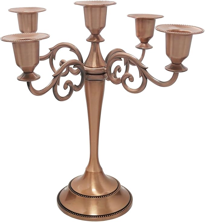 Copper Candle Holder，5 Wick Metal Candle Holders for Taper Candles（10.6 inch Tall Candelabra, for 1/2-1 inch Pillar Candles Diameter Each）,Centerpiece Elegant Decoration Piece for Table