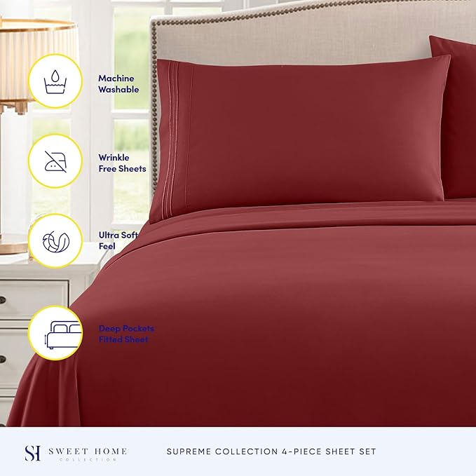 Split King Sheets - Breathable Luxury Sheets with Full Elastic & Secure Corner Straps Built In - 1800 Supreme Collection Extra Soft Deep Pocket Bedding Set, Sheet Set, Split King Size, Burgundy