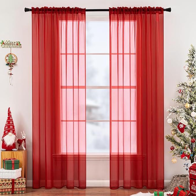 MIULEE 2 Panels Red Sheer Christmas Window Curtains 54 X 96 Inches | Solid Color by MIULEE