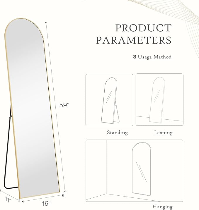 DUMOS Arched Wall-Mounted Full Length Mirror 60"x16" for Bedroom, Full Body Floor Mirror with Stand, Hanging or Leaning for Wall, Gold