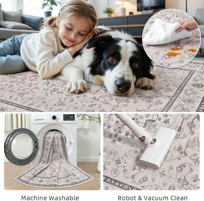 5x7 Area Rugs Living Room: Bedroom Washable Carpet Beige & Grey | Large Vintage - Image 6