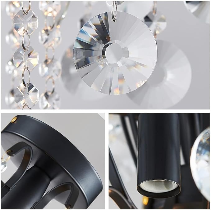 WUZUPS Crystal Chandelier Flushmount Ceiling Light Modern Lighting Fixture for Bedroom Hallway Bar Kitchen Bathroom, H 17.5'' x W 19.3'', E12 Base, Black