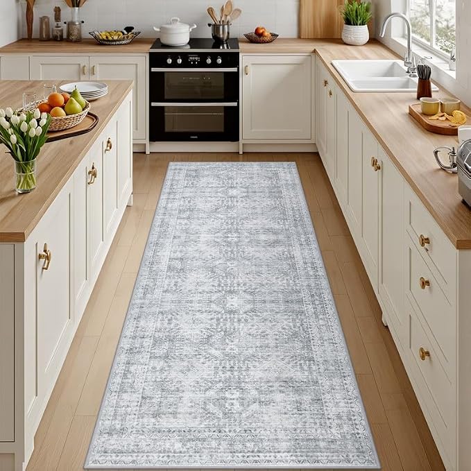 2'6''x8' Hallway Washable Runner Rug: Neutral Kitchen Carpet Gray | Vintage by Luxturiy
