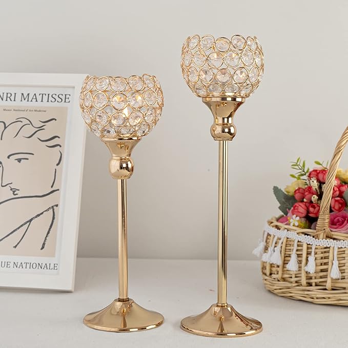VINCIGANT Gold Crystal Candle Holders Set of 2,Pillar Candlesticks for Table Centerpieces, Christmas Home Decor Wedding Party Housewarming Gift