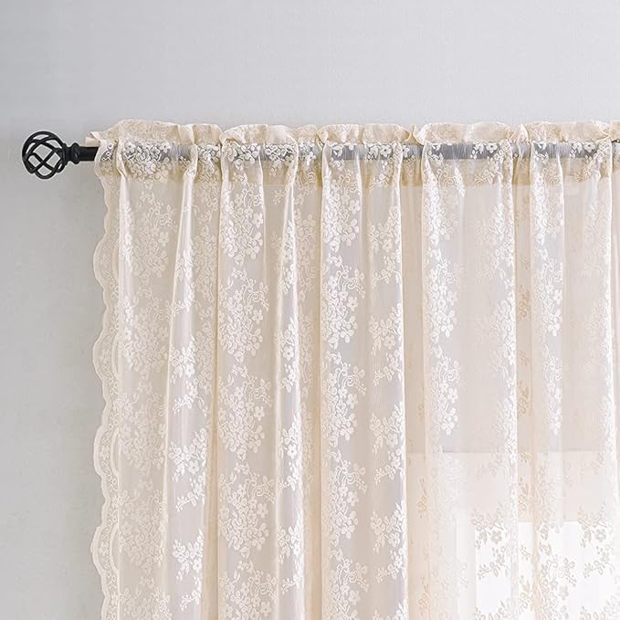 YJ YANJUN Vintage Lace Curtains 63 Inch Length 2 Panels Set Cute Floral Designs - Image 3