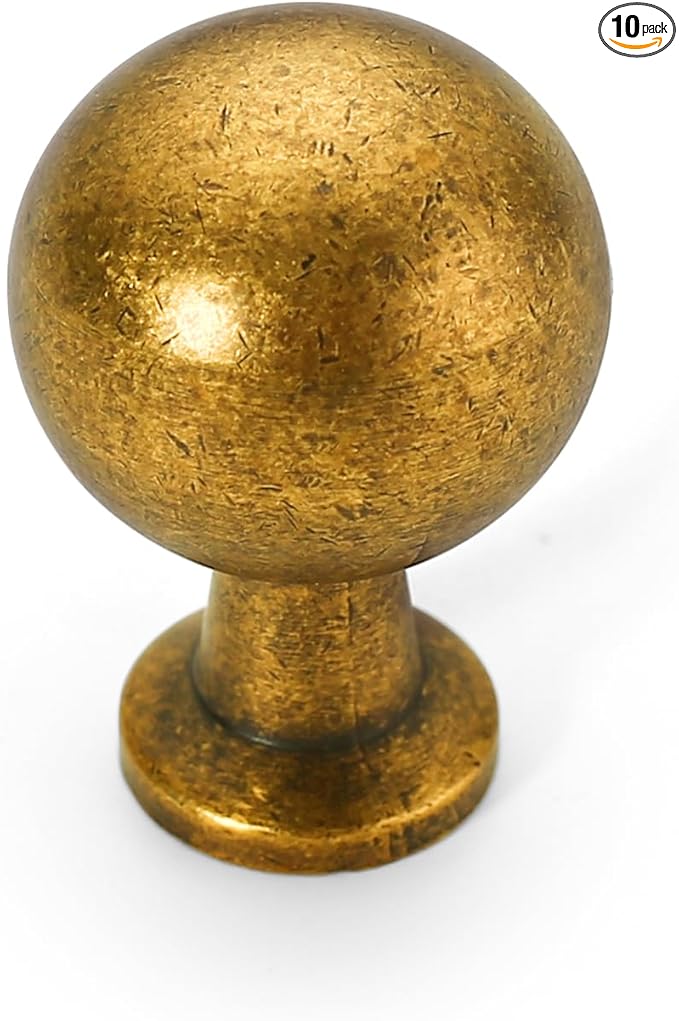 Amerdeco 10 Pack Antique Brass Cabinet Knobs Single Hole Cabinet Pulls Round Kitchen Cabinet Knobs Solid Drawer Knobs Dresser Knobs and Pulls for Bathroom Cabinets ZH0041