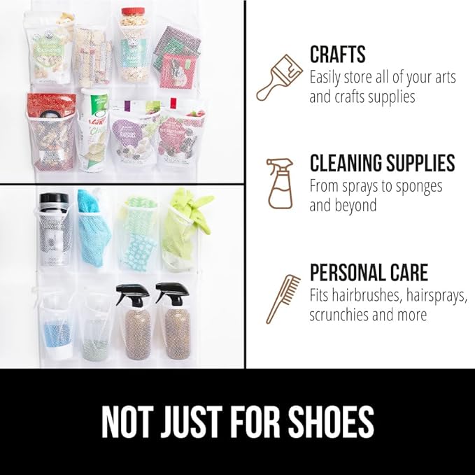 GORILLA GRIP Over the Door Shoe Organizer, 24 Extra Large Breathable Mesh Pockets, Space Saving Hanging Storage Holder, 4 Hook Closet Rack Hanger, Hangs on Closets for Shoes and Accessories, White