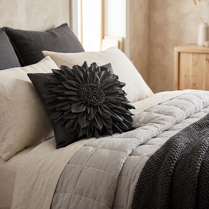 Black Accent 3D Flower Decorative Throw Pillow Covers - Image 4