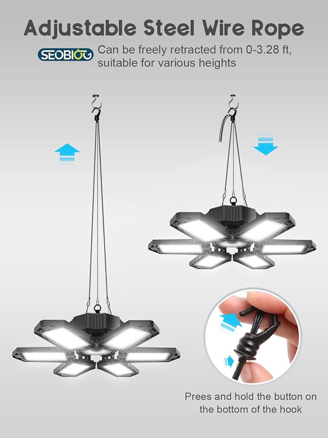 SEOBIOG LED Garage Lights - 6 Pack, 200W 20000LM Plug-in Shop Light with 6+1 Deformable Panels for Garage, Warehouse, Barn, Basement (Built-in ON/Off Switch)