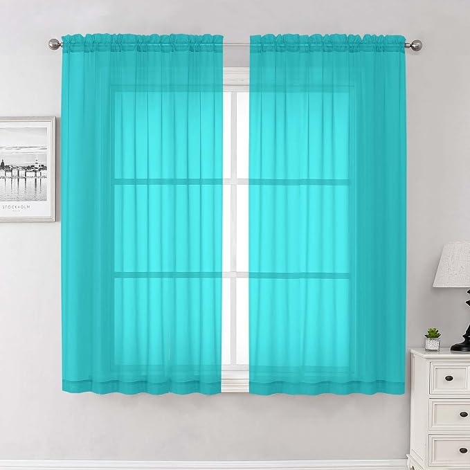 Turquoise Sheer Curtains 63 Inch Length 2 Panels, Voile Light Filtering Living by Lecloud