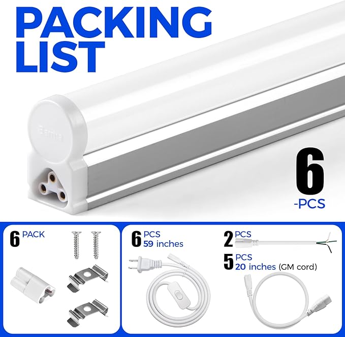 Barrina 6 Pack LED T5 Single Fixture, 4FT, 2200lm, 4000K Daylight Glow, 20W, Utility Shop Light, Ceiling and Under Cabinet Light, ETL Listed, Corded Electric with ON/Off Switch