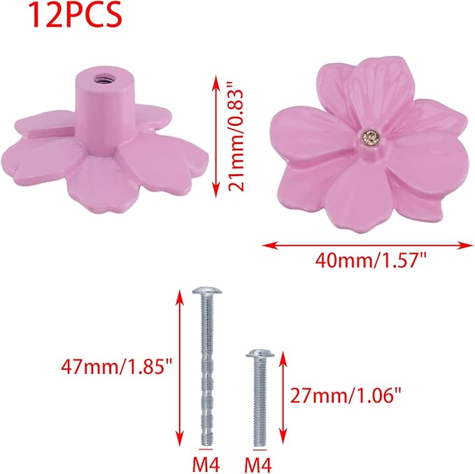 12PCS 1.57" x 0.83" Single Hole Dresser Knobs Ceramics Flower Shaped Pulls for Cupboard Drawer, with 2 Kinds of Screws