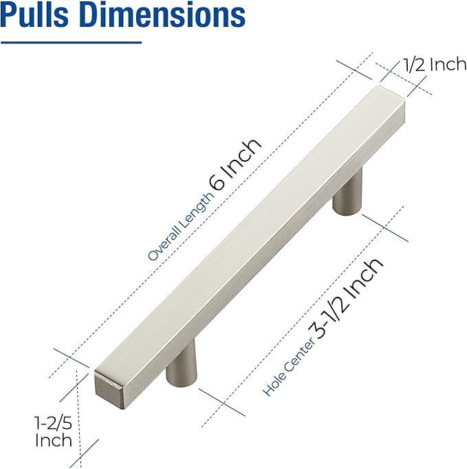 JOY DECOR 10 Pack 3-1/2 Inch Brushed Nickel Square Cabinet Handles Stainless Steel Cabinet Hardware Pulls for Kitchen and Drawers with 6 Inch Overall Length