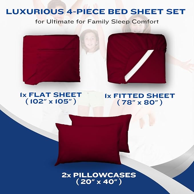 DREAMCARE Queen Sheet Set – 4 pcs Cooling Sheets – up to 21” Extra Deep Pocket Queen Sheets – Hotel Luxury Sheets & Pillowcases – Superior Softness 100% Fine Microfiber with Side Pocket – Burgundy