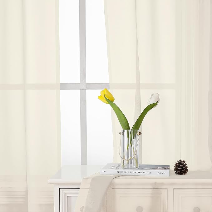 Cream Sheer Curtains 68 Inch Length 2 Pcs, Light Filtering Bedroom Curtains - Image 4