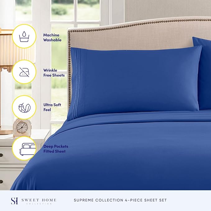 King Size Sheets - Breathable Luxury Bed Sheets with Full Elastic & Secure Corner Straps Built In - 1800 Supreme Collection Extra Soft Deep Pocket Bedding Set, Sheet Set, King, Royal Blue