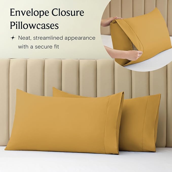 LuxClub 4 PC California King Sheet Set, Breathable Luxury Bed Sheets, Deep Pockets Wrinkle Free Cooling Sheets Machine Washable Hotel Bedding Silky Soft - Medallion Gold Cal King