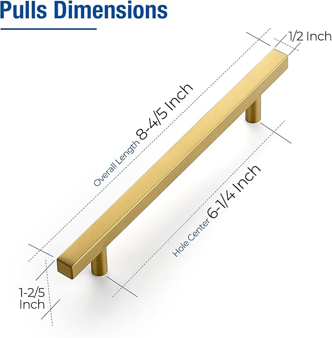 JOY DECOR 30 Pack 6-1/4 Inch Brushed Brass Square Cabinet Handles Stainless Steel Cabinet Hardware Pulls for Kitchen and Drawers with 8-13/16 Inch Overall Length