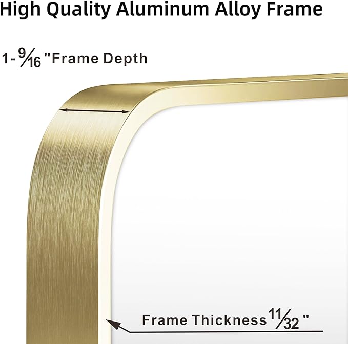 24"x36" Brushed French Gold Metal Framed Rounded Rectangle Mirror, Gold Wall Mounted Mirrors for Bathroom Entryway Vanity Living Room Bedroom, Vertical or Horizontal