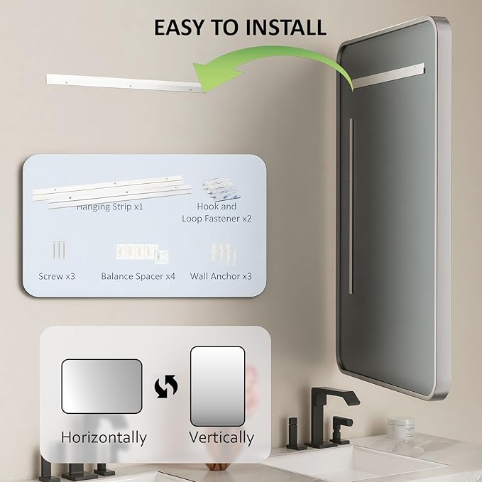 24×32 Silver Bathroom Mirror for Over Sink - Rectangular Bathroom Mirrors with Tempered Glass & Aluminum Frame, for Restroom Vanity, Entryway, Bedroom, Horizontal/Vertical, Rounded Corners