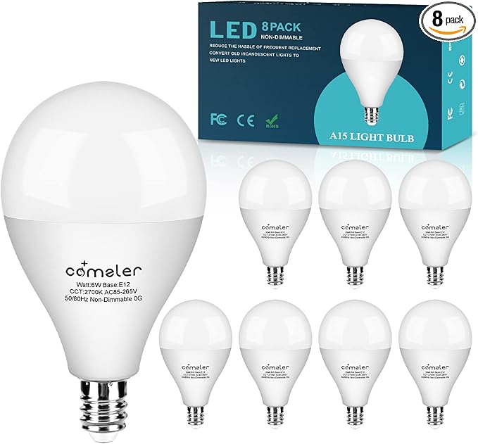 comzler Ceiling Fan Light Bulbs E12 Small Base, A15 LED Bulb 2700K Soft Warm White Candelabra LED Bulb 6W (60watt Equivalent), Chandelier Light Bulbs CRI85+ 600 Lumens No-Dimmable Pack of 8