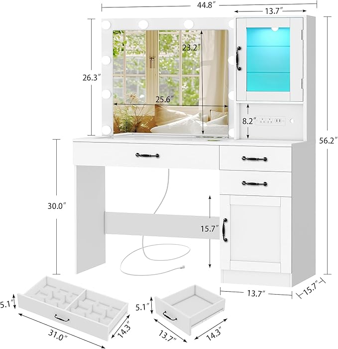 Quimoo Vanity Desk, Makeup Vanity with Lights, Large Mirror Vanity with 3 Drawers and 2 Cabinets, Vanity Table Set with Power Outlet and Glass Tabletop, for Bedroom, White