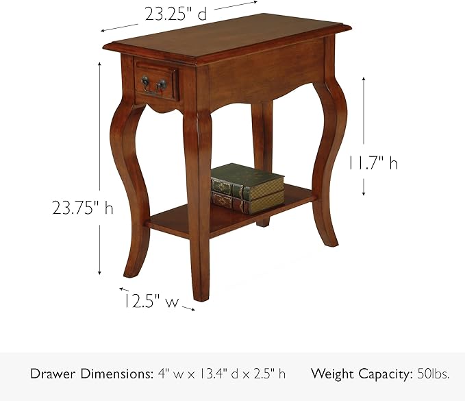 Leick Home Side Table, One Drawer, French Cabriole Leg, Shelf, Solid Poplar, Brown Cherry Finish, 12.5 in W x 23.5 in D x 24 in H, 9018-BR