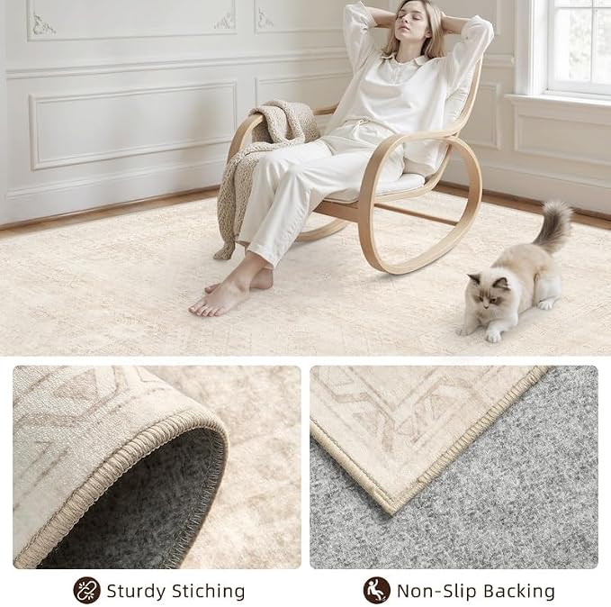 Round Area Rug Living Room: 6ft Neutral Washable Carpet Rug Beige | Vintage - Image 7