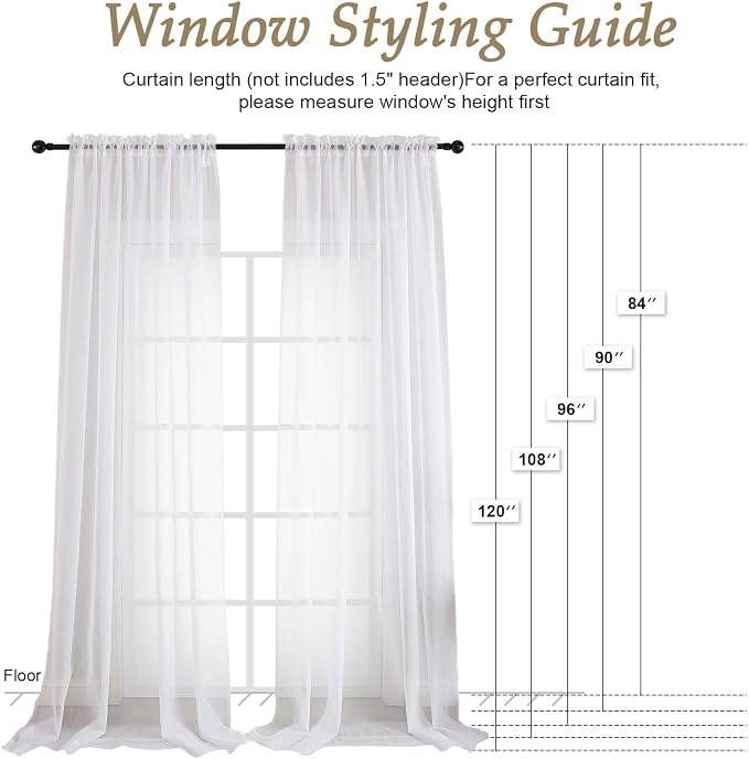 White Sheer Curtains 84 Inches Long 2 Panels Set, 59 Inch Extra Wide Light - Image 2