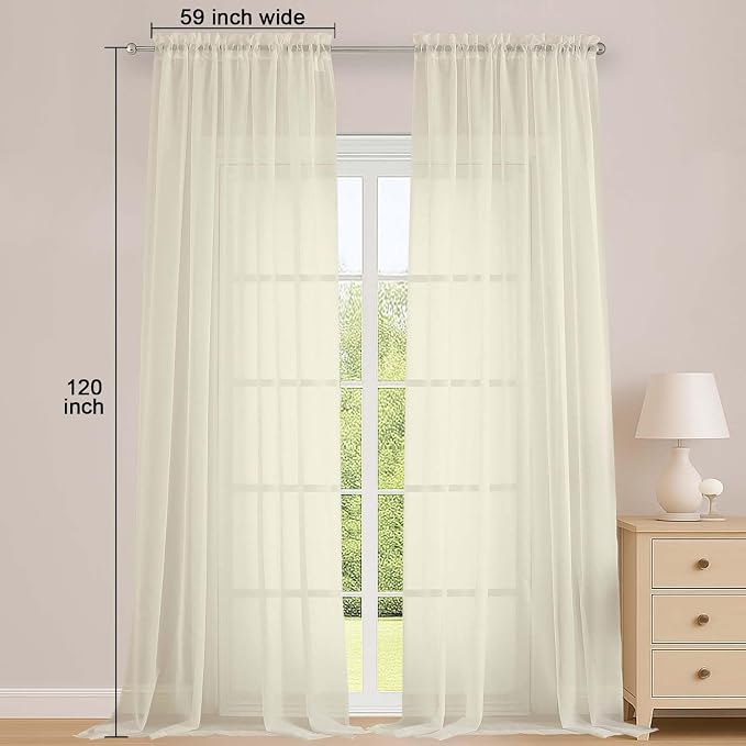 Cream Sheer Curtains 120 Inches Long 2 Panels Set, Airy Lightweight Sheer Cream - Image 2